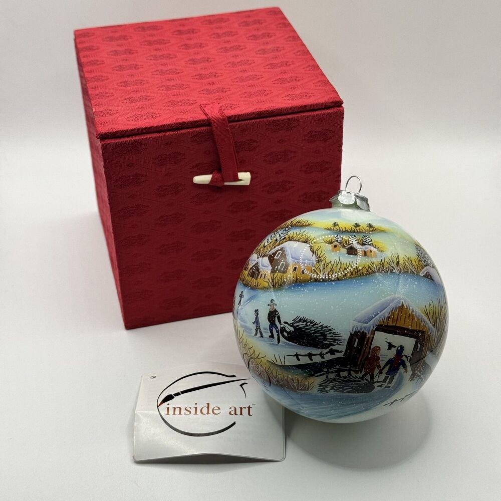 Vintage 1999 FIGI Inside Art Winter Window Reverse Painted Glass Ornament Box